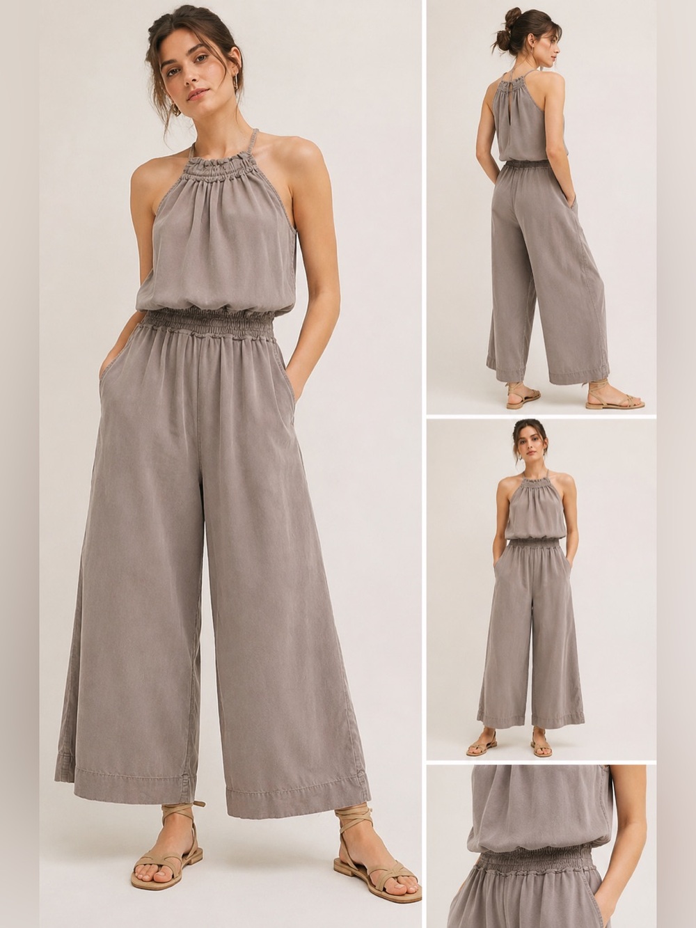 Cloth & Stone Halter Wide-Leg Jumpsuit Gray 100% Lyocell Smocked Pockets S
